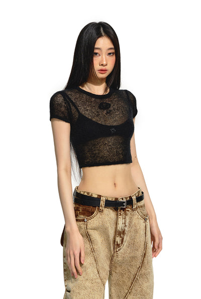 Micro-transparent Slim Round Neck Short Knit NOT0191