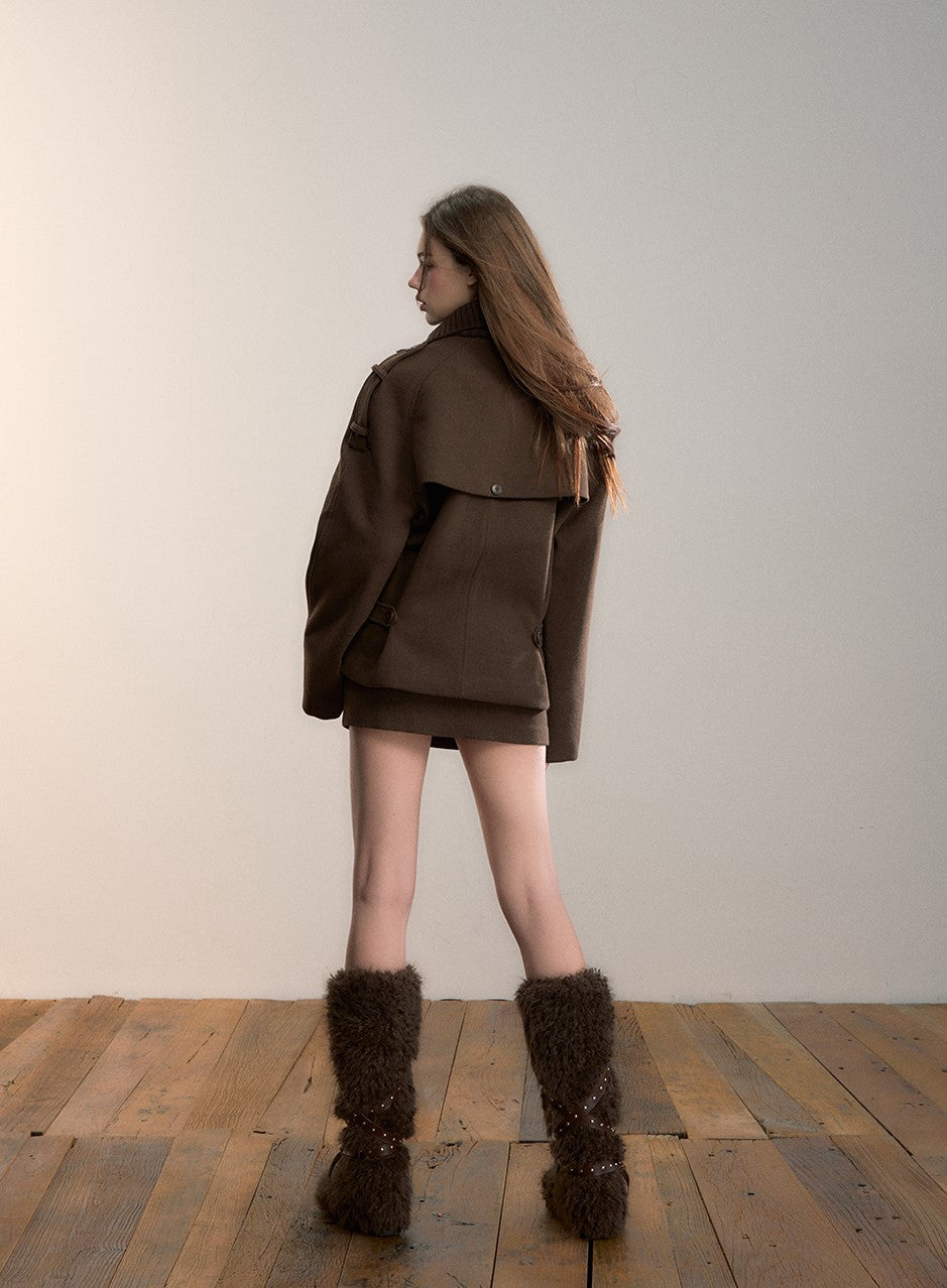 Brown High-neck Patchwork Wool Coat VIA0346