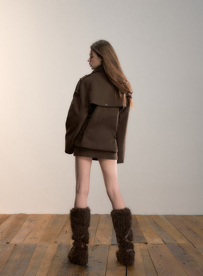 Brown High-neck Patchwork Wool Coat VIA0346