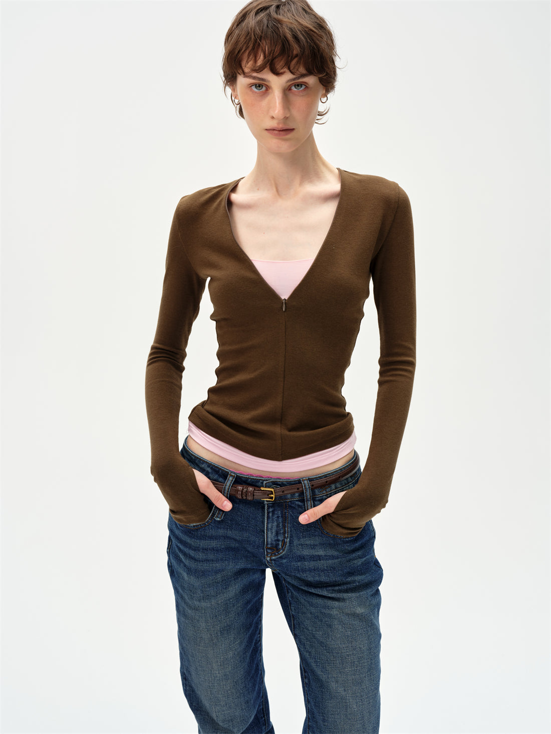 Slim Fit V-Neck Faux Two-Piece T-Shirt CUR0261