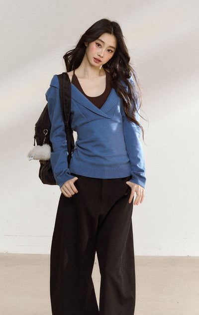 Blue V-neck Loose Sweater SHI0221