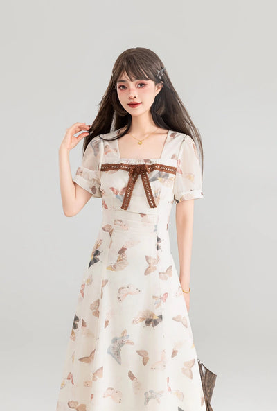 Butterfly Floral Neck Pleated Waist Slimming Long Dress KEI0111