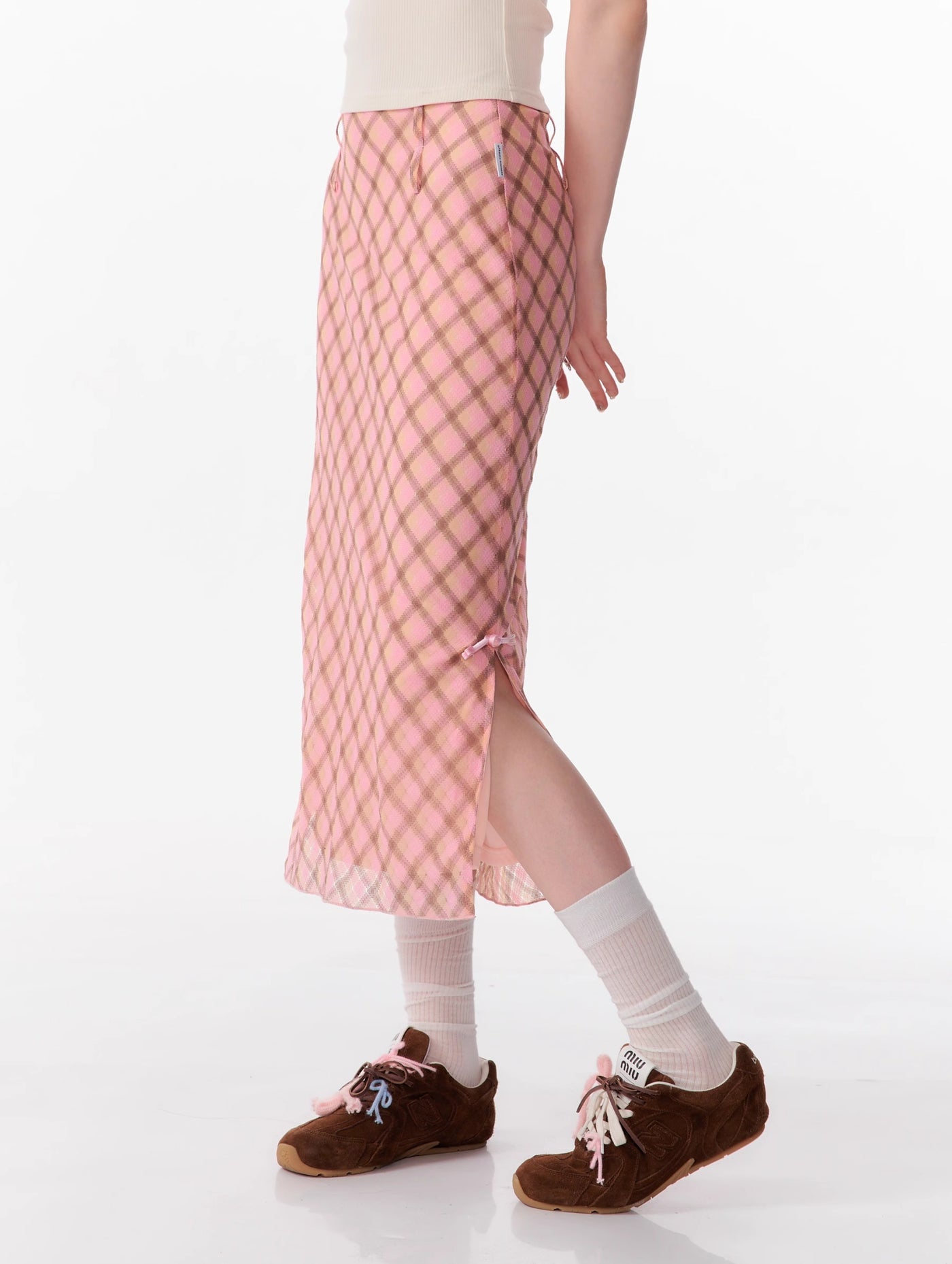 American Retro High Waist Pink And Brown Plaid Fishtail Mid-length Skirt ZIZ0106