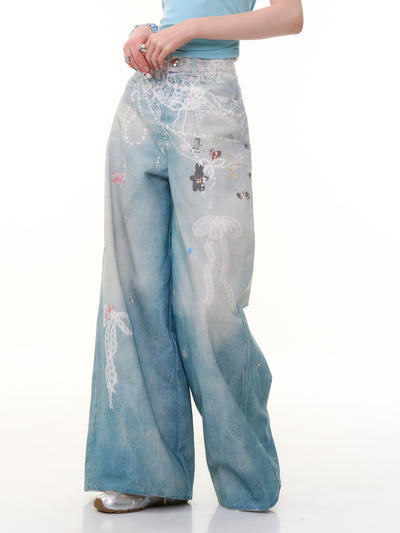 Chain Print Wide Leg Blue Jeans ZIZ0282
