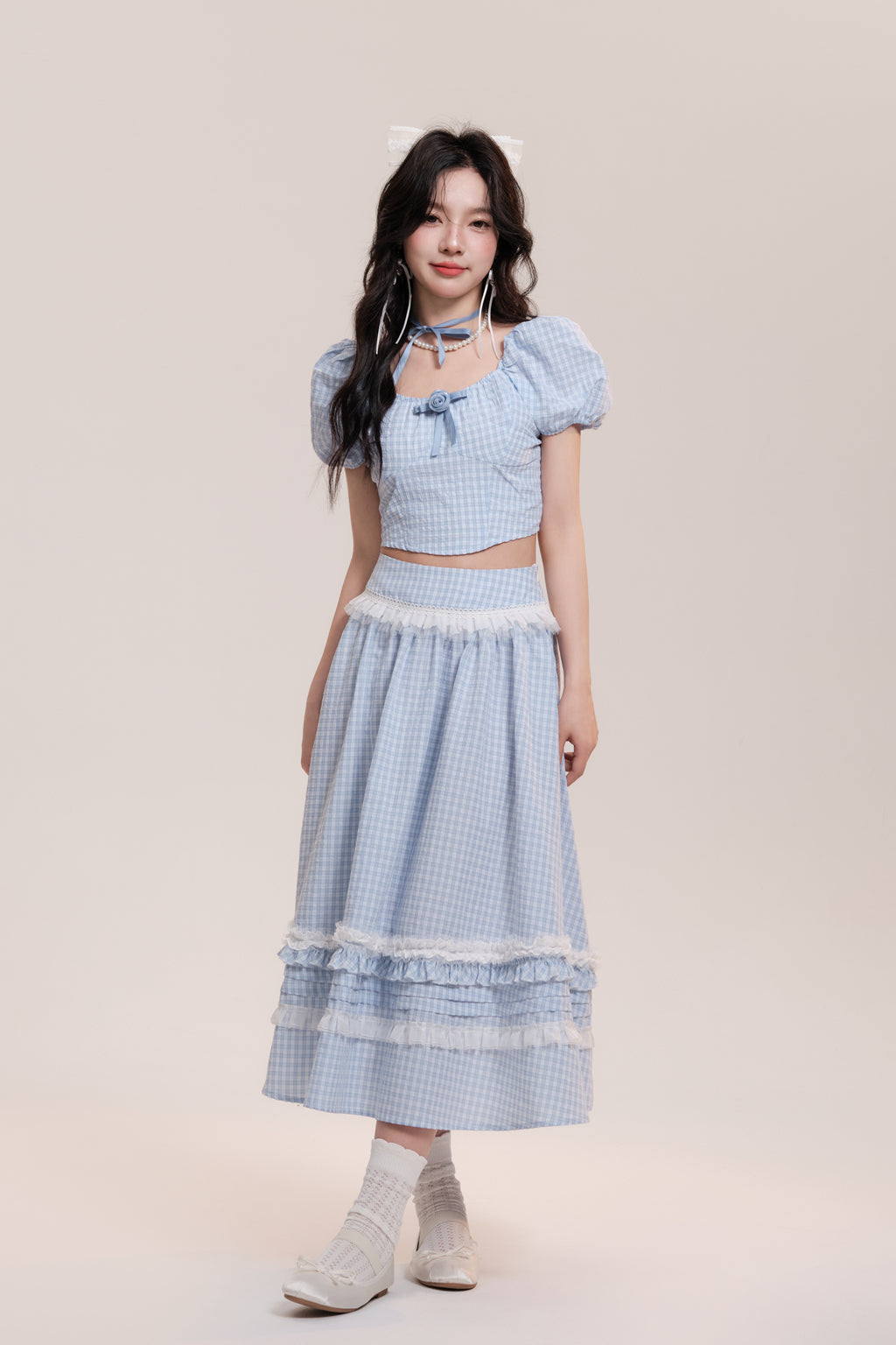 Rose Lace Plaid Puff Sleeve Top/Long Skirt AOO0005