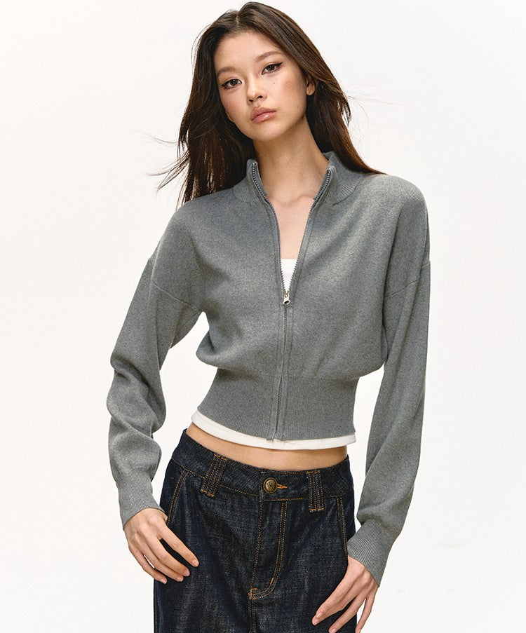 Stand Collar Zipper Knitted Short Cardigan ANA0096