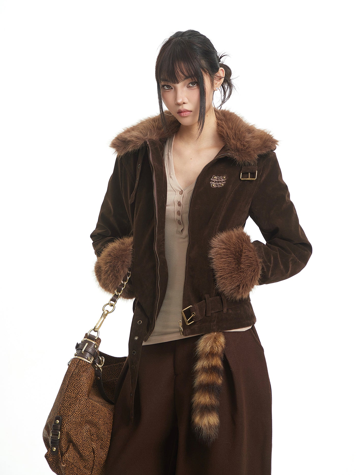 Retro Style Fur Collar Patchwork Suede Jacket UNC0327