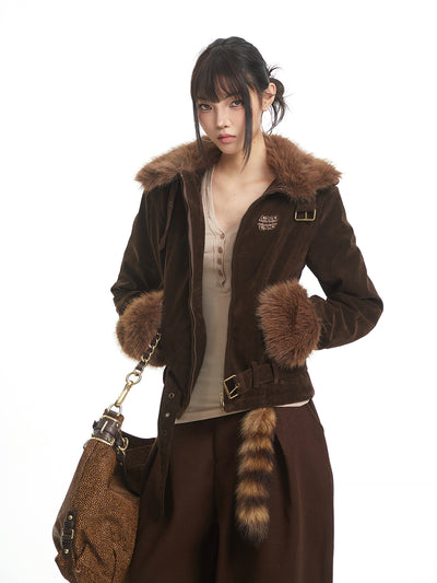 Retro Style Fur Collar Patchwork Suede Jacket UNC0327