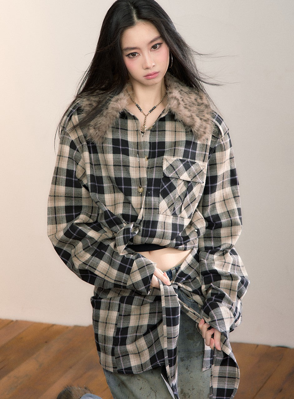 Detachable Fur Collar Plaid Shirt VIA0345