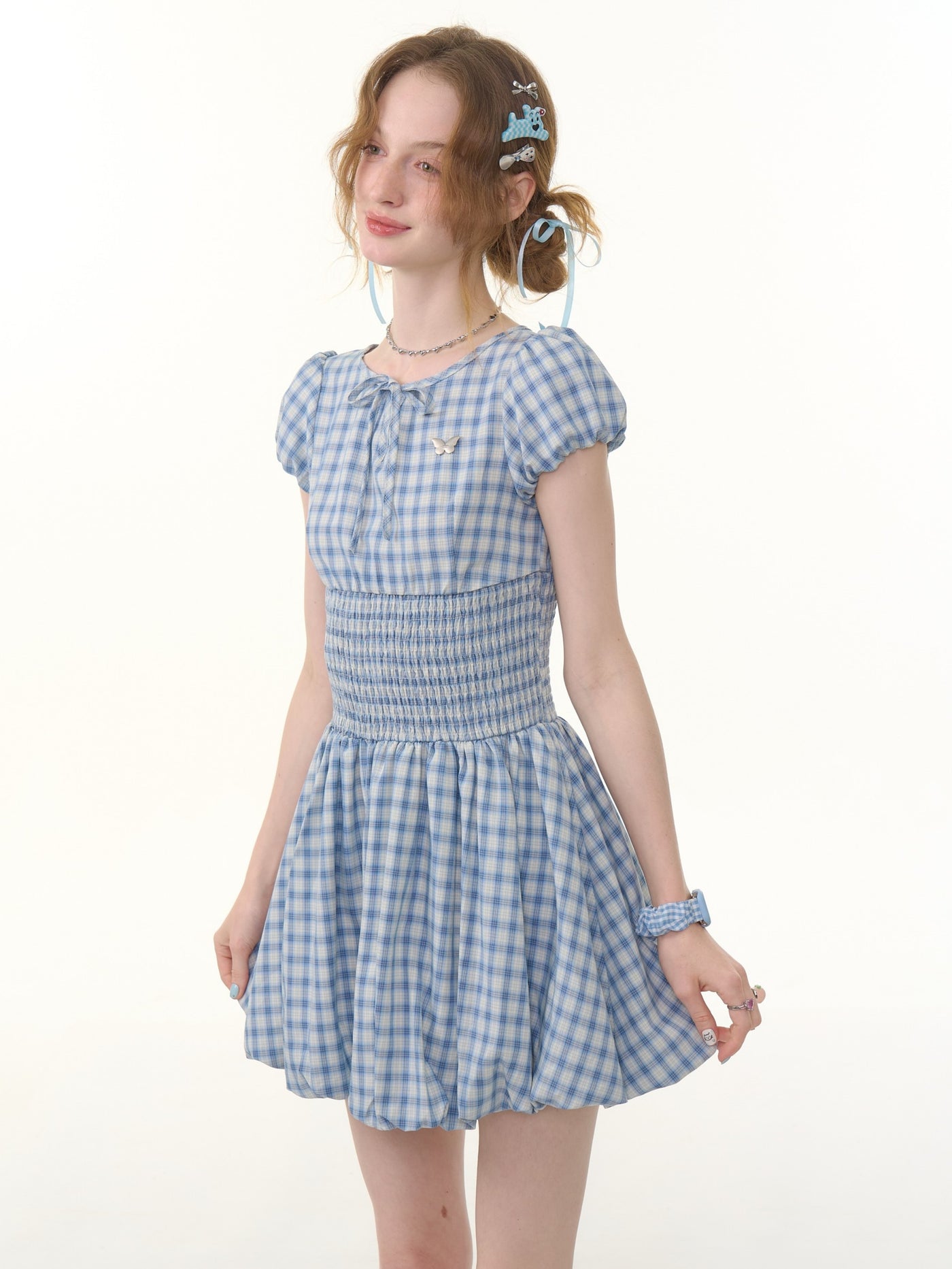 Retro Blue Plaid Puff Sleeve Dress ZIZ0288