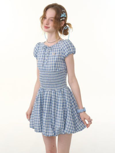 Retro Blue Plaid Puff Sleeve Dress ZIZ0288