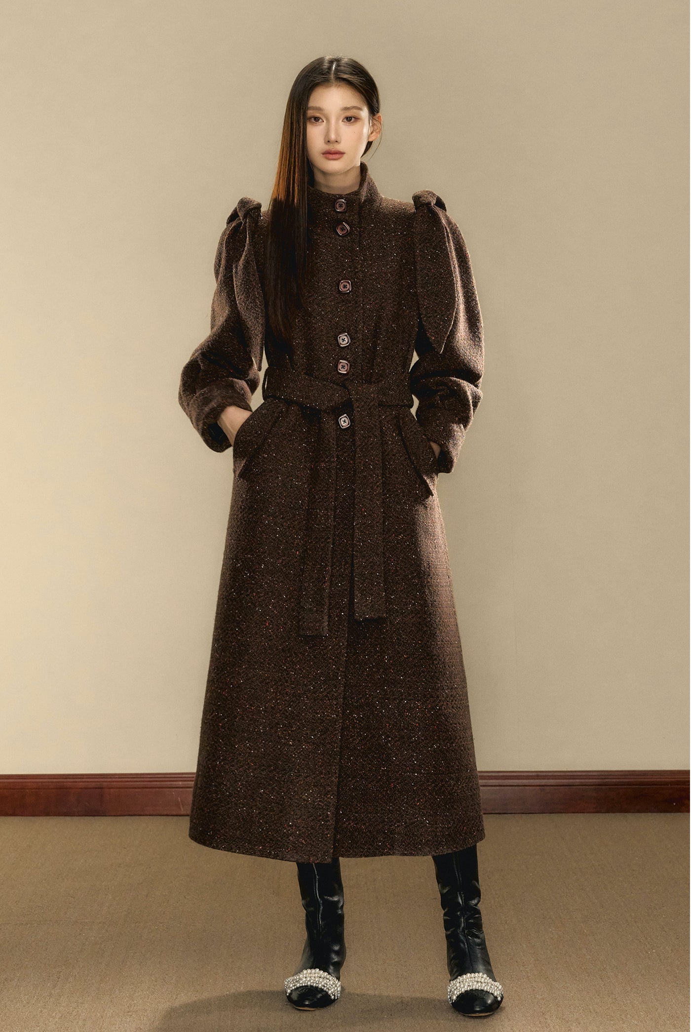 Chocolate Brown Tweed Long Over-the-Knee Wool Coat OSH0103