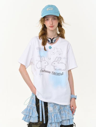 Drawstring Rabbit Print V-neck T-shirt ZIZ0268
