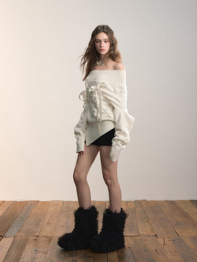 Off-Shoulder Cross-Weave Cable Sweater VIA0369