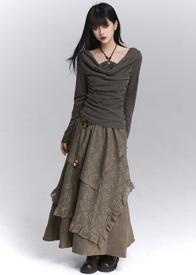 Brown Lace Cake Long Skirt LAD0250