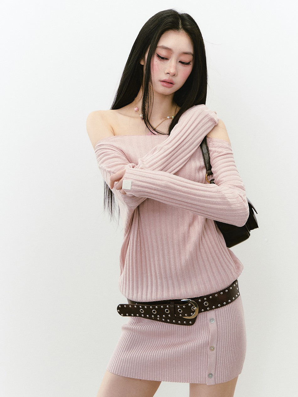 Off Shoulder Button Knitted Dress VIA0267