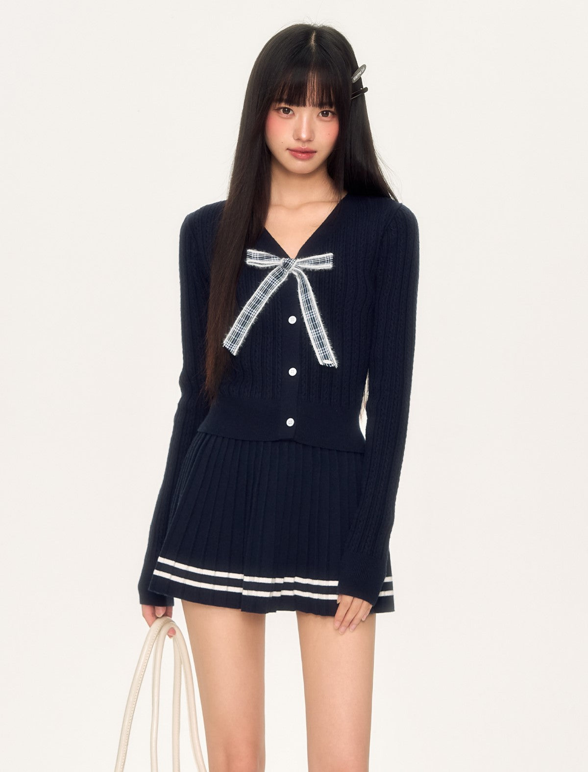 Navy Plaid Bow Top/Knitted Skirt WEE0034