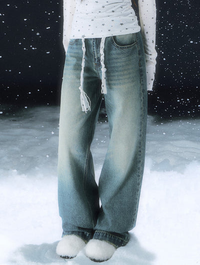 Retro Star Lace-up Washed Straight Leg Jeans WEE0112