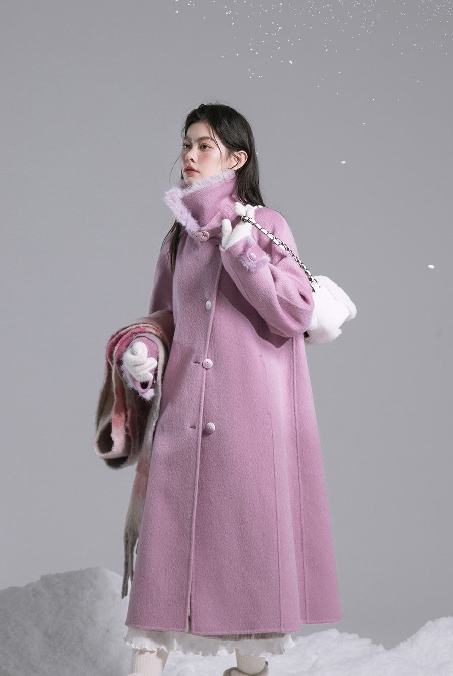 Midnight Plum Purple Furry Stand Collar Silk Double-faced Tweed Coat COT0182