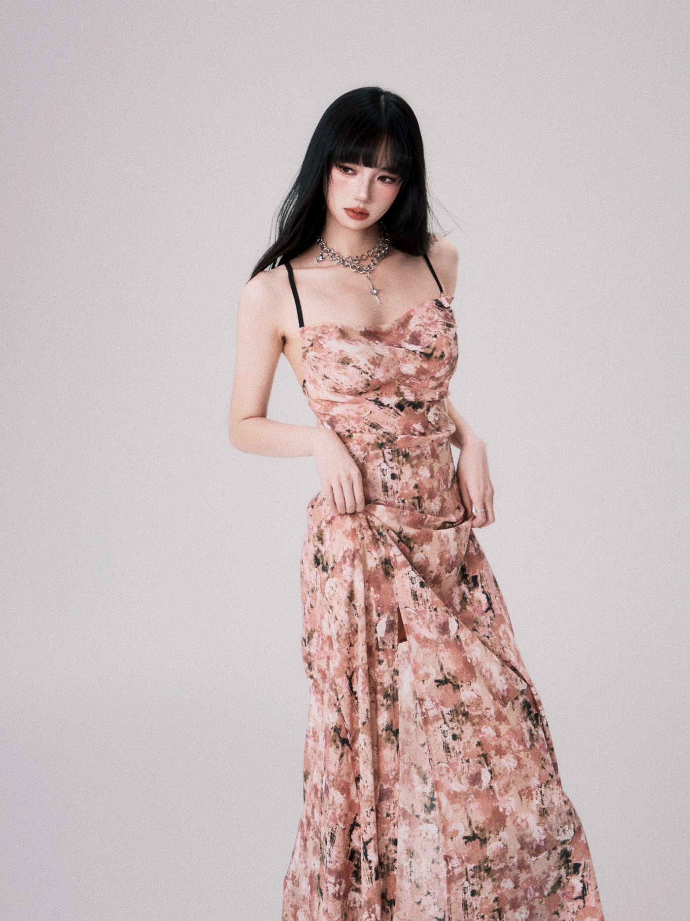 Apricot Pink Floral Swing Collar Backless Suspender Dress LUL0060