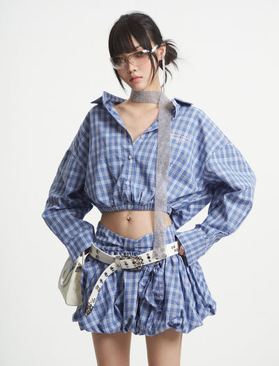 Blue Plaid Short Shirt/Puffy Short Skirt UNC0251