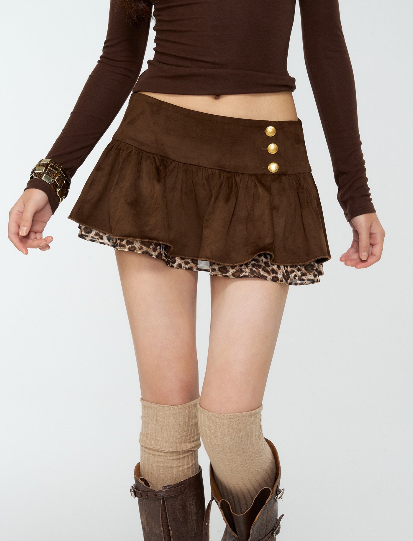Suede Pleated Leopard Print Short Skirt 4MU0174