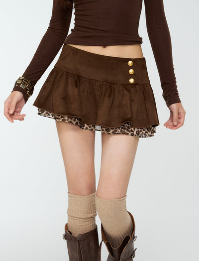 Suede Pleated Leopard Print Short Skirt 4MU0174