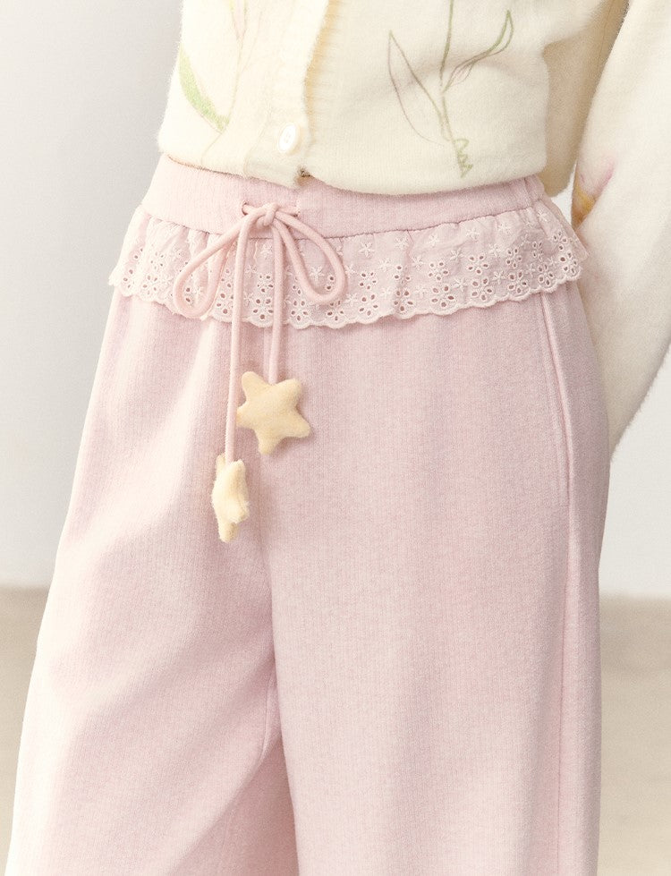 Star Waist Tie Casual Lace Trim Pants NTO0247