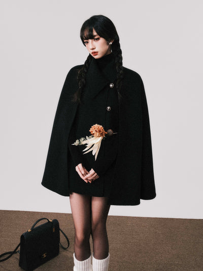 Double-sided Wool Black Wool Shawl Cape Coat LUL0109