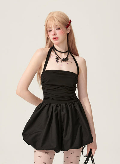 Black Halter Neck Puffy Short Dress DIA0166