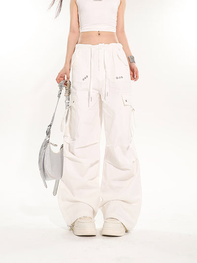 Multi-pocket White Wide-leg Slim Casual Pants UNC0074