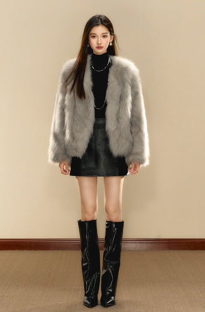 High-grade Gray Fur V-neck Short Coat OSH0085