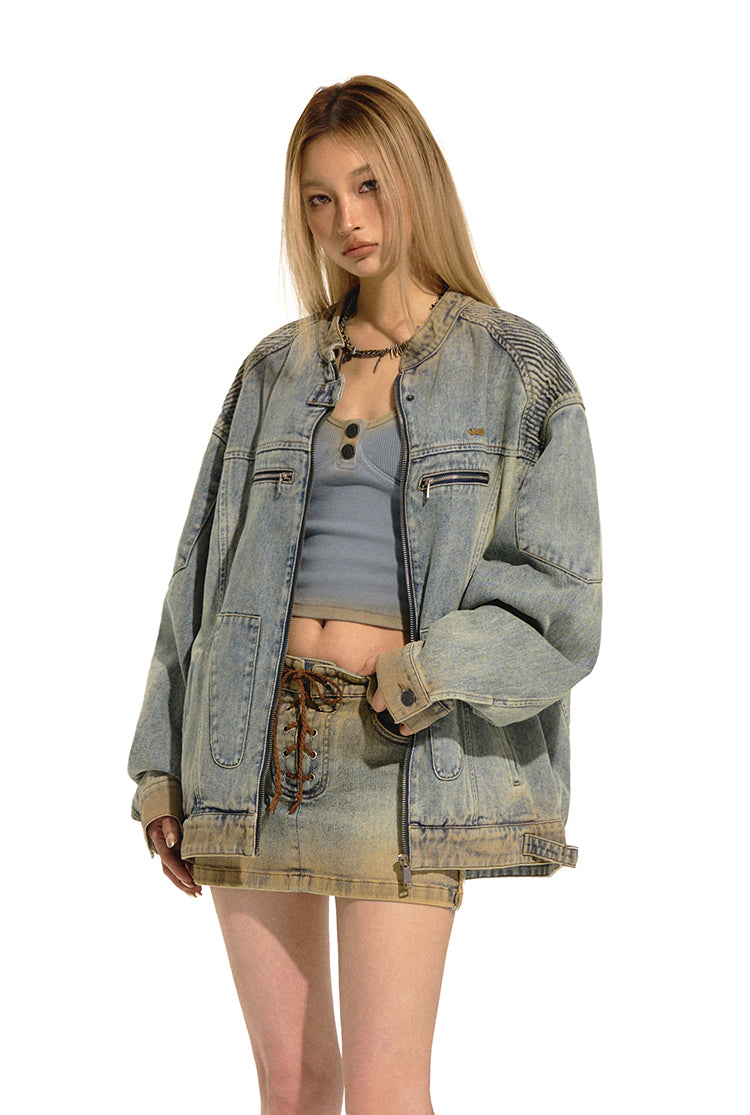 Royal Blue Distressed Washed Loose Denim Jacket NOT0205