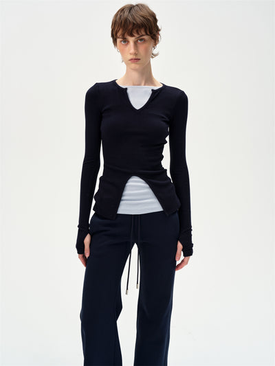 V-neck Patchwork Slit Hem T-shirt CUR0263