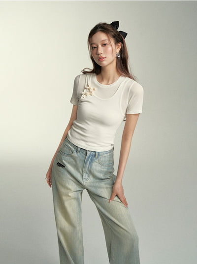 Detachable Bow Fake Two-piece Short Sleeves Knit SOM0053