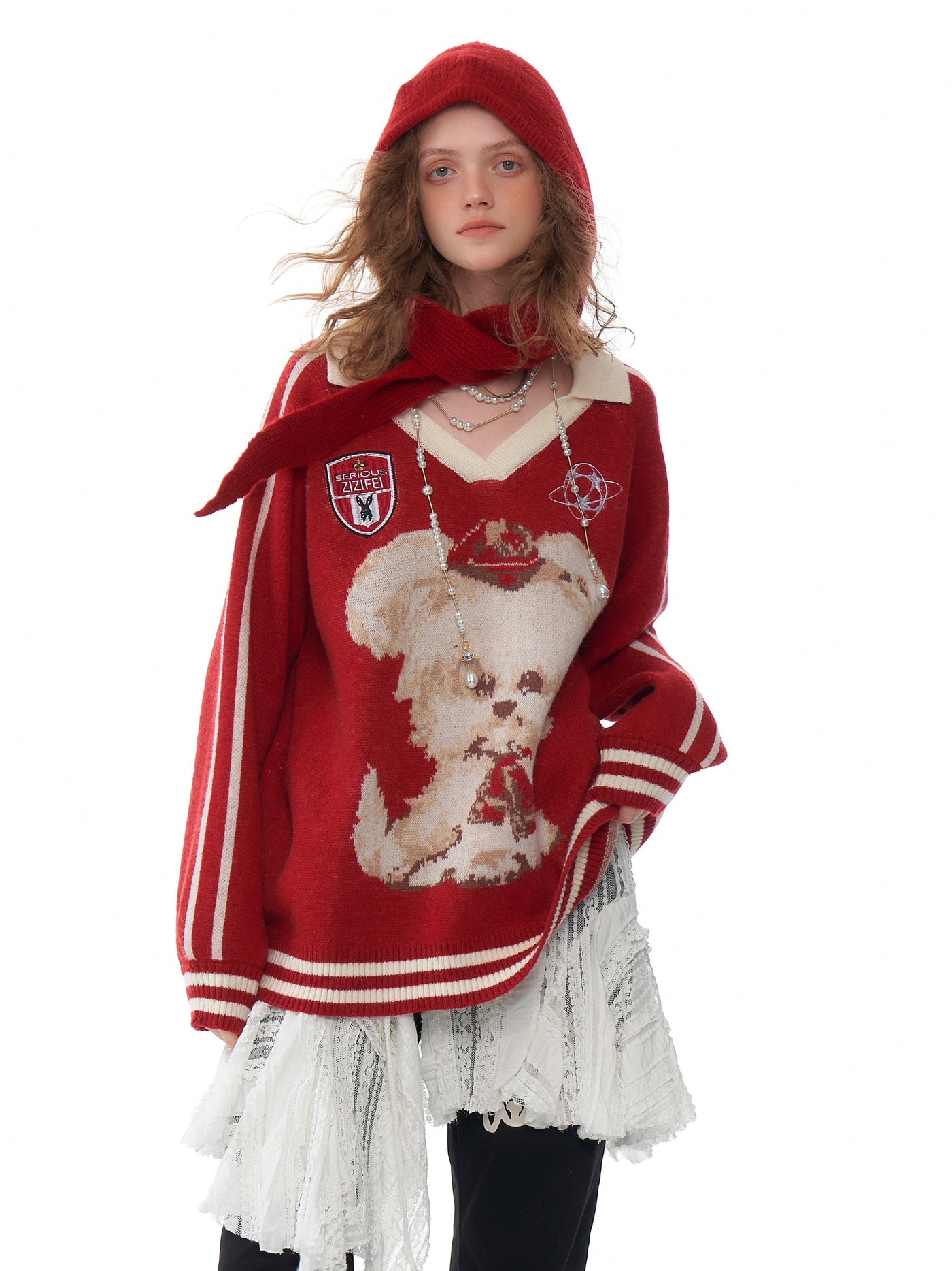 American Retro Design Polo V-neck Red Dog Sweater ZIZ0193