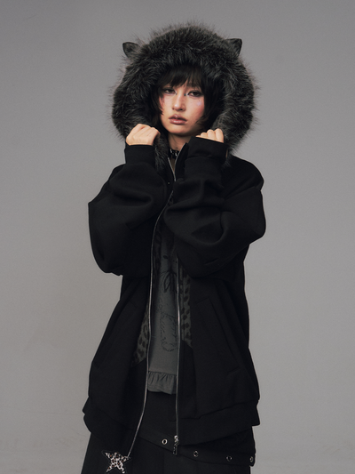 Cat Ear Leopard Print Fur Collar Hooded Jacket FRU0130