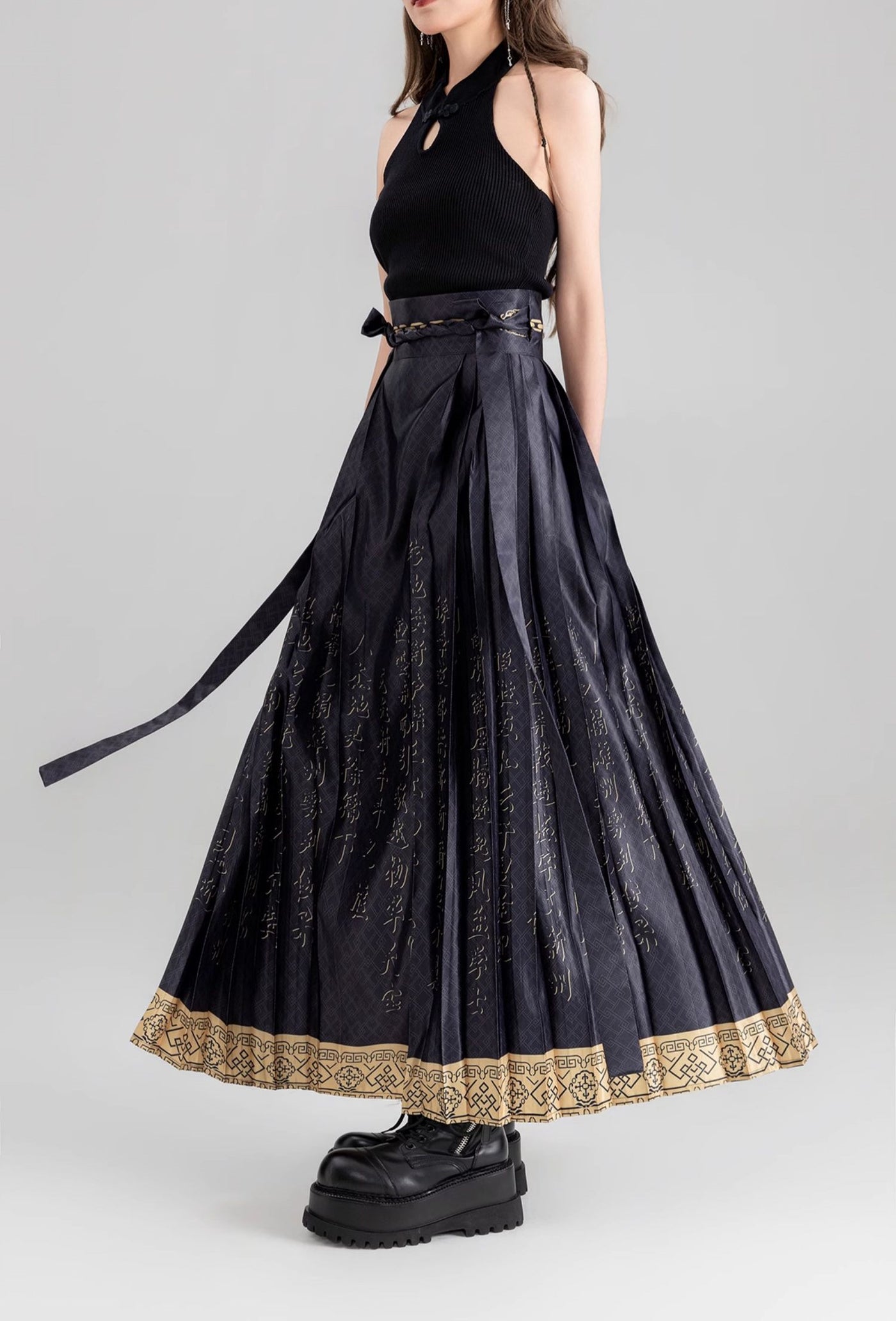 Chinese Character Printing Pleated Long Skirt KEI0069