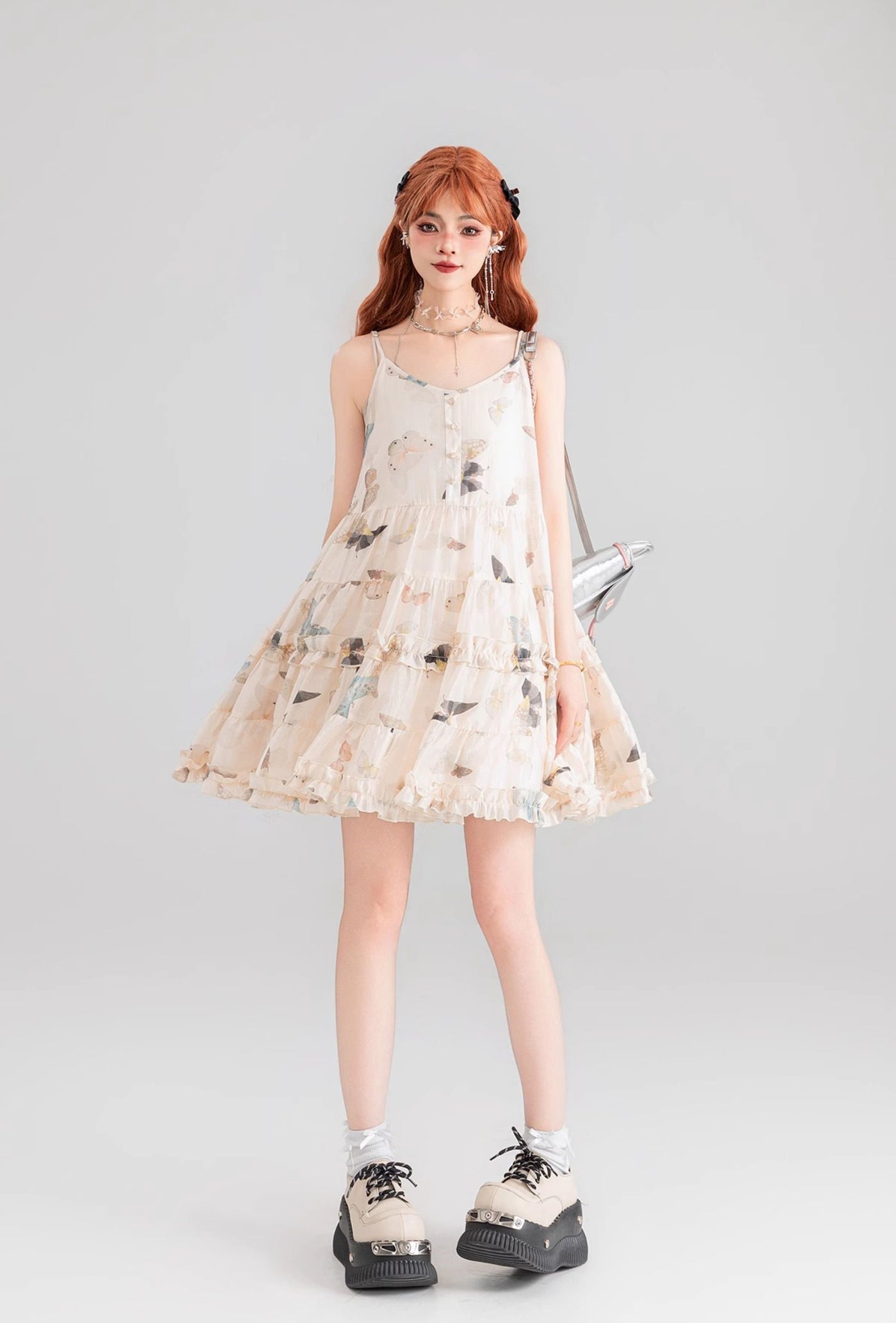 Butterfly Floral Pleated Lace Chiffon Suspender Dress KEI0054