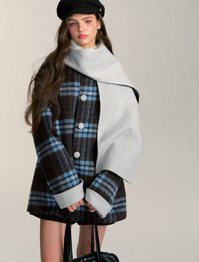 Double-sided With Scarf Retro Casual Plaid Short Woolen Coat QDQ0083