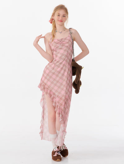 Irregular Waist Plaid Pink Long Suspender Dress ZIZ0086