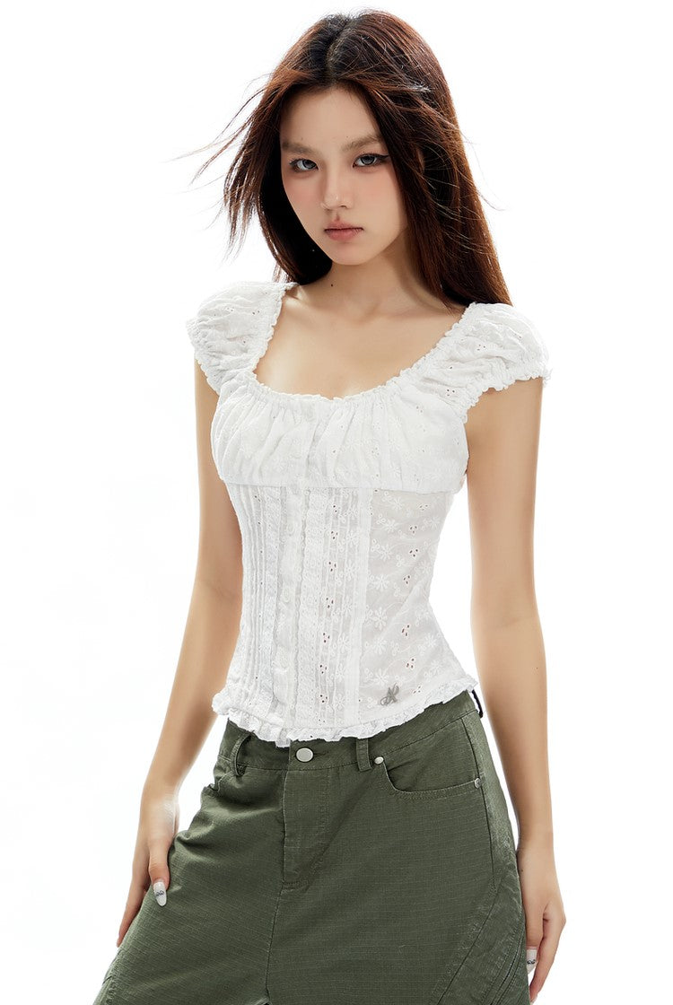 Lace Button Waist Slim Puff Sleeve Shirt APE0324