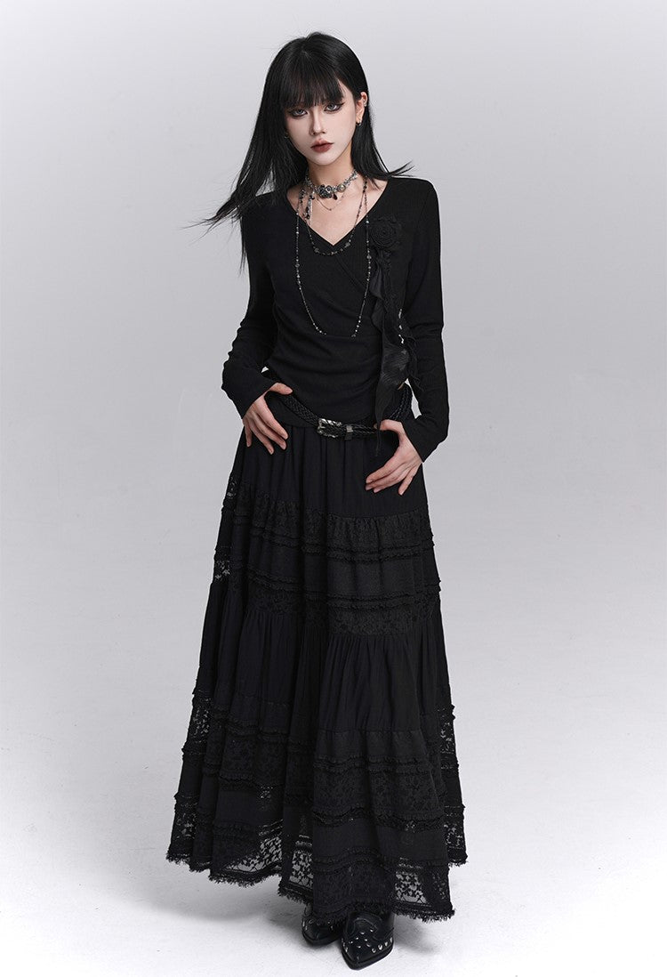 Stylish Rose Black Long-Sleeved Top LAD0236