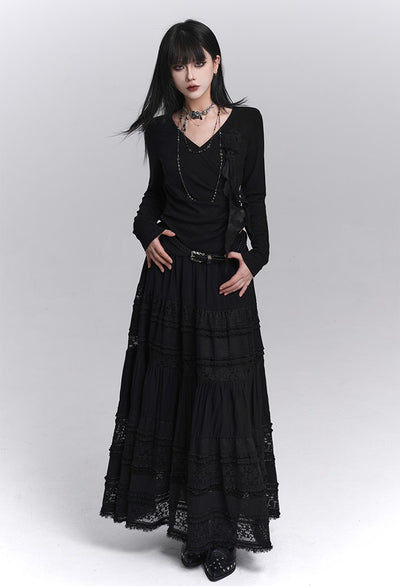 Stylish Rose Black Long-Sleeved Top LAD0236