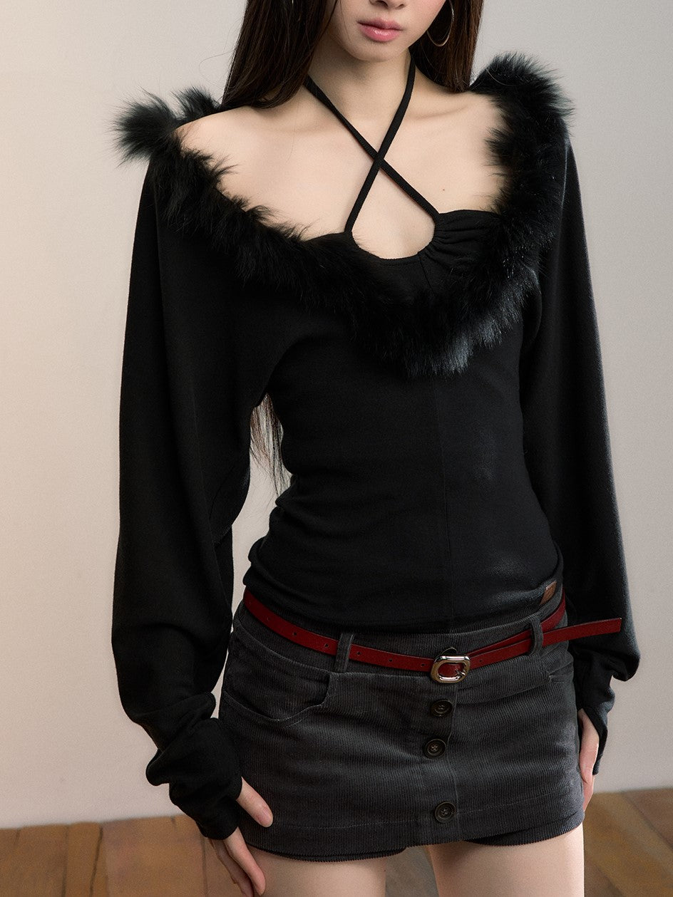 Faux Two-piece Fur Collar T-shirt VIA0359