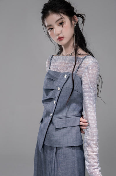 Starry Gray-Blue Camisole+Pants+Tulle Top COT0339