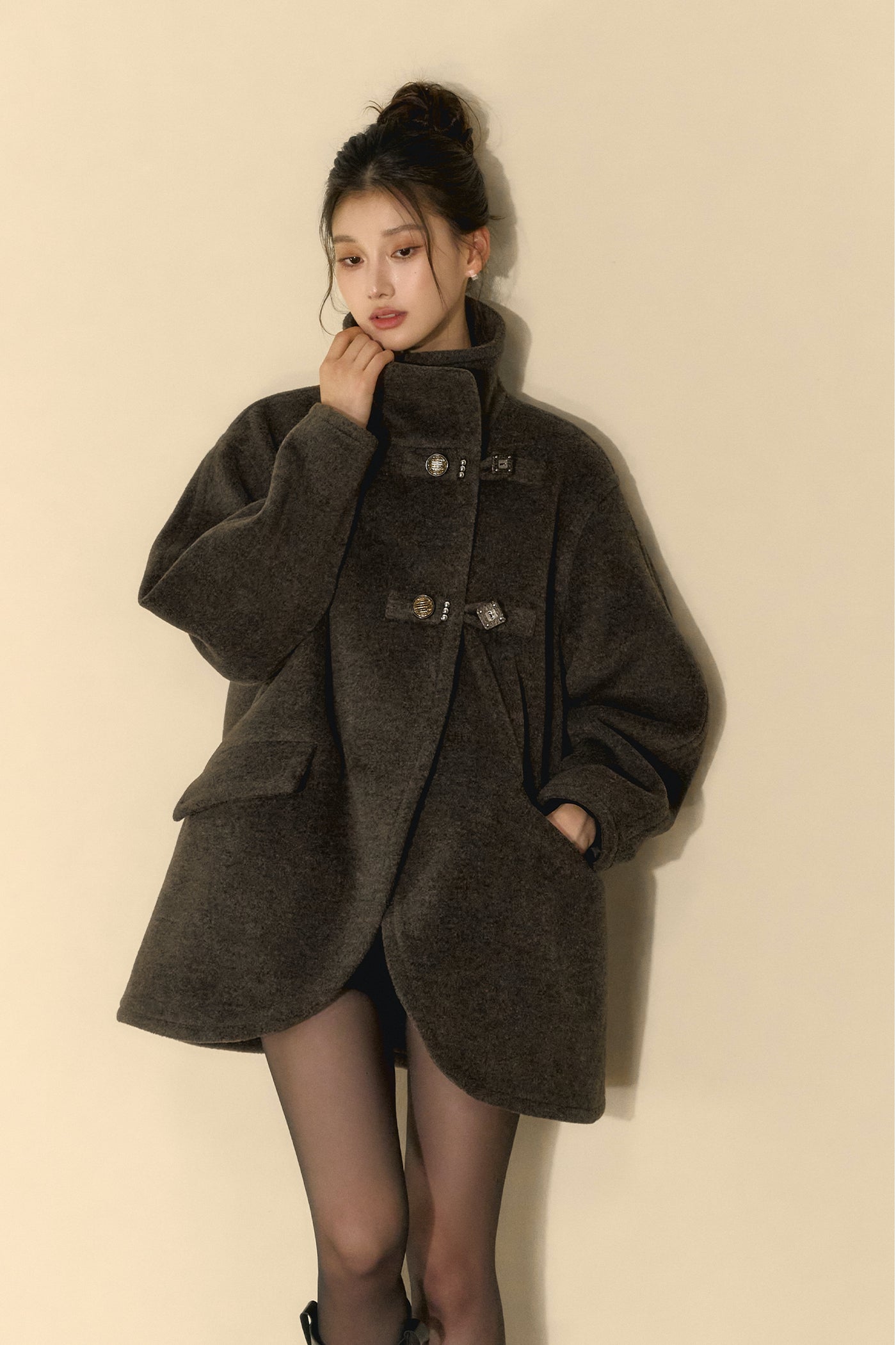 Rock Gray Tweed High Collar Tweed Coat OSH0100