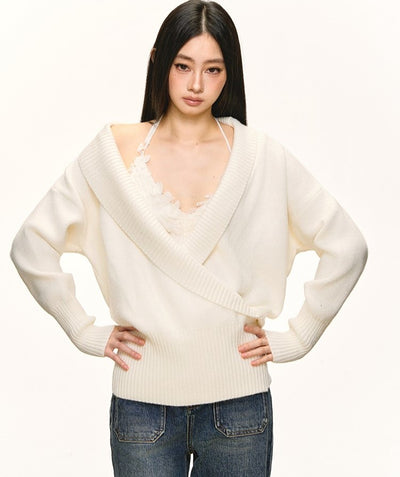 White V-neck Sweater/Lace Camisole ANA0091
