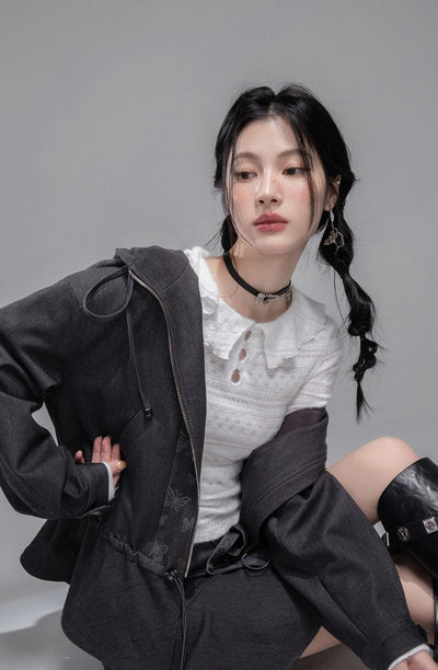 White Lotus Leaf Hollow Collar Sweater COT0348