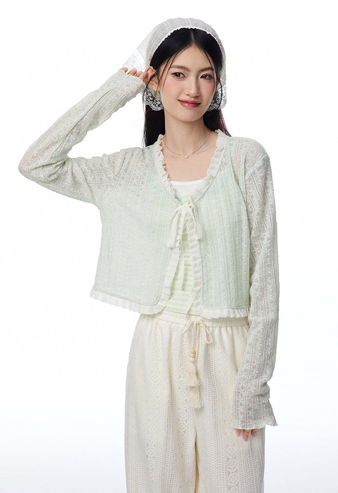 Lace Hollow Mint Color Knitted Cardigan/Pants NTO0109